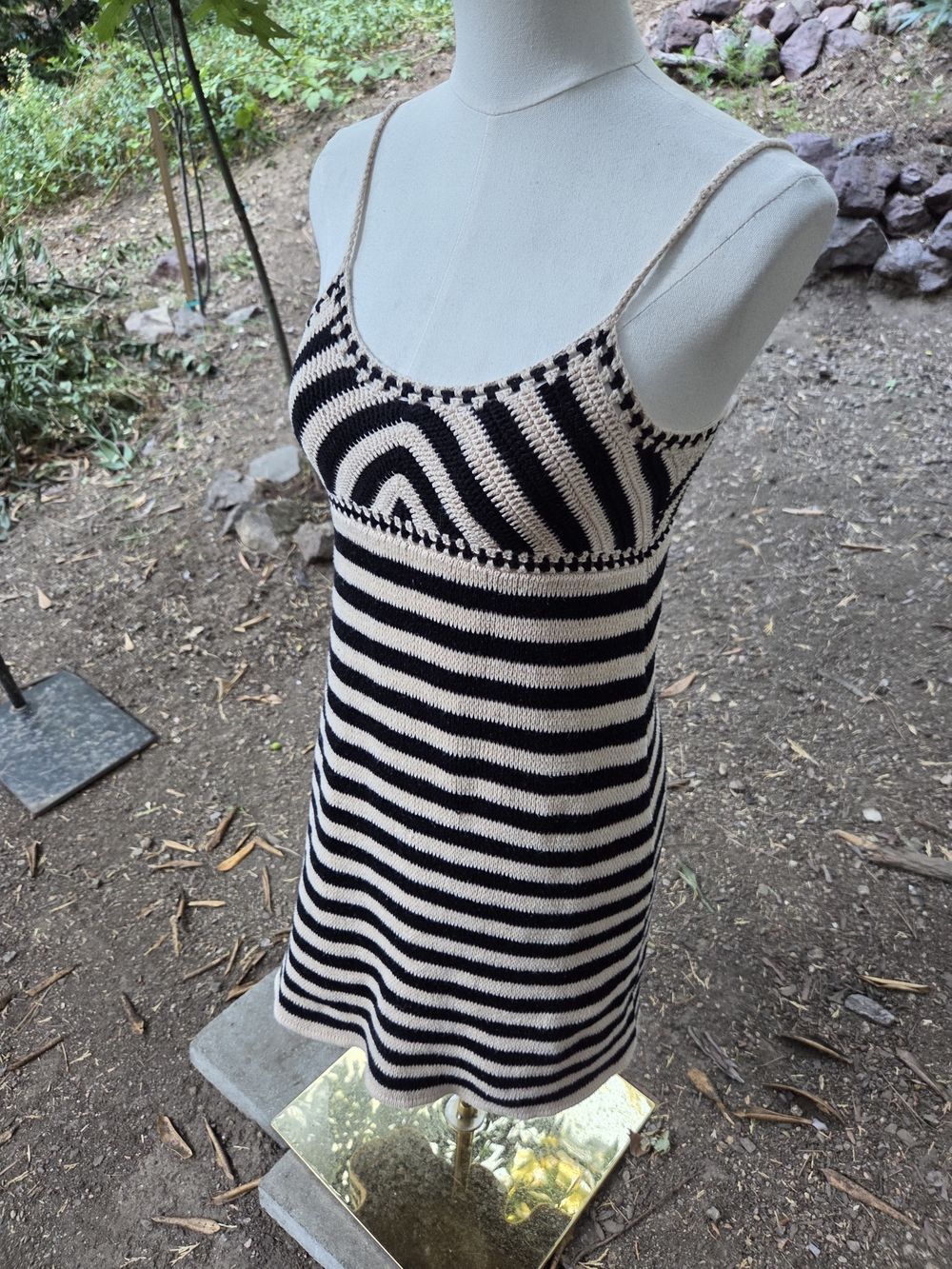 Miou Muse Striped Black and Cream Knit Spaghetti Strap Dress - Picture 4 of 8